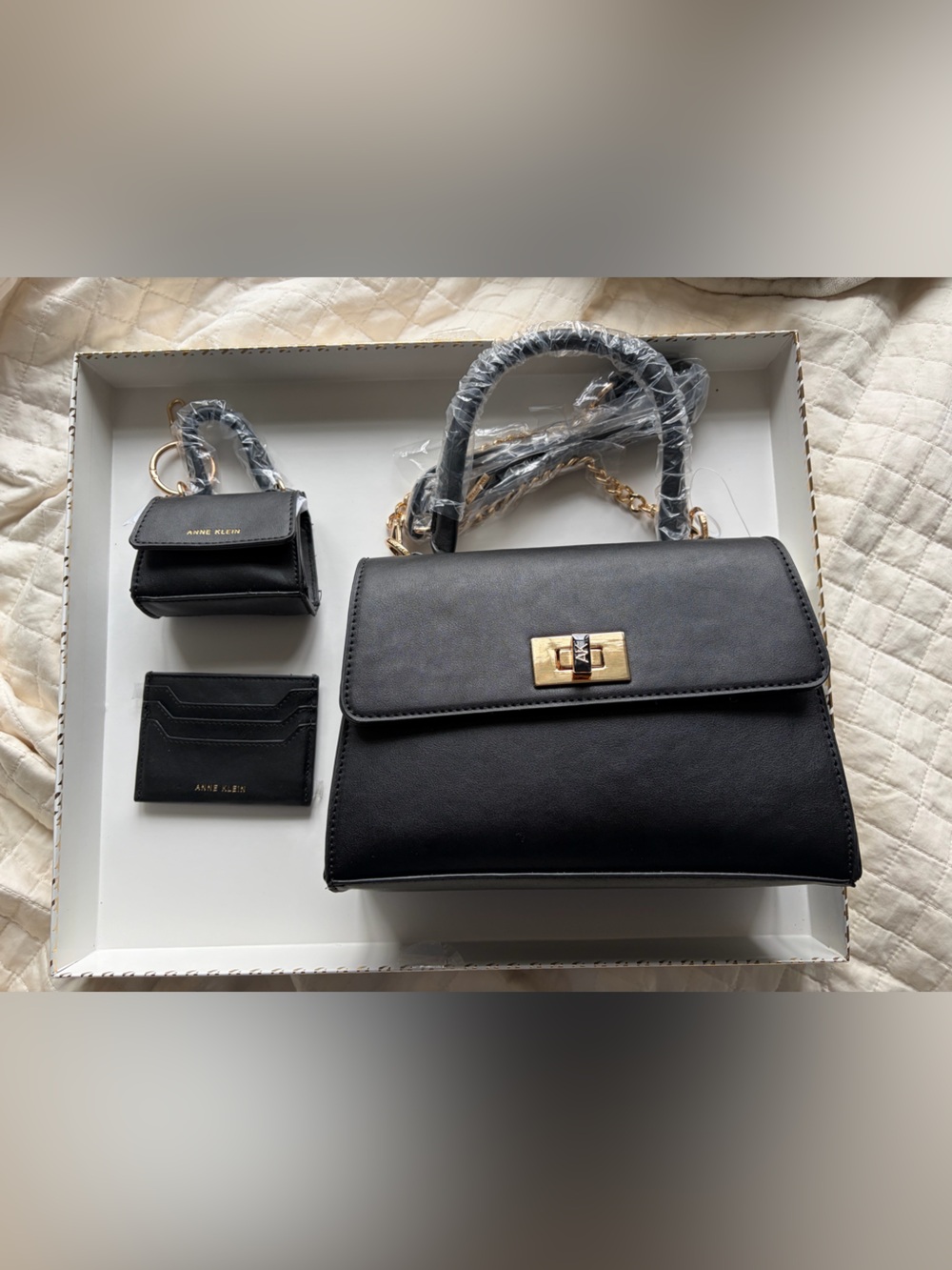 Black Leather Chain-Handle Shoulder Bag with Card Wallet Set